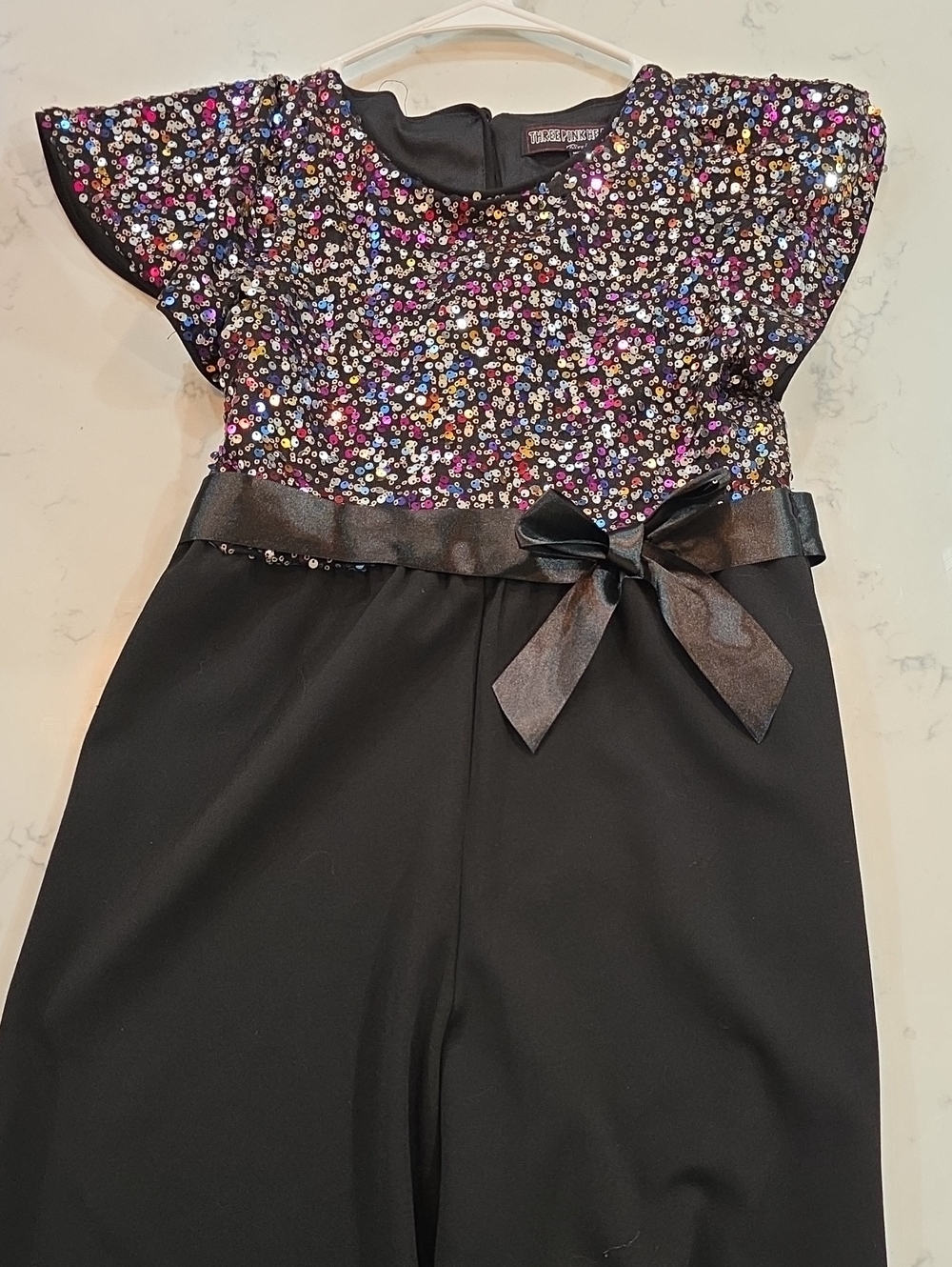 Three Hearts Black Romper with Multicolor Sequin Bodice and Satin Bow